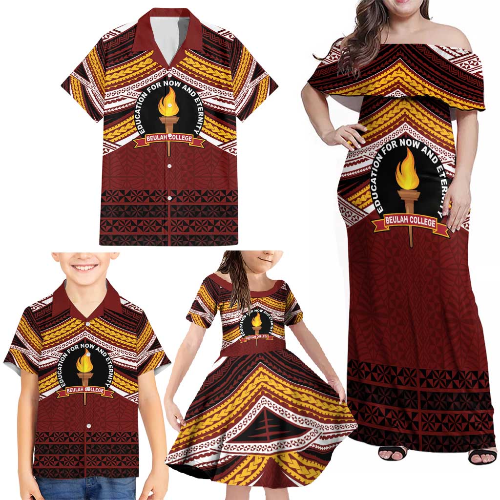 Personalised Tonga Beulah College Family Matching Off Shoulder Maxi Dress and Hawaiian Shirt Polynesian Ngatu Tribal