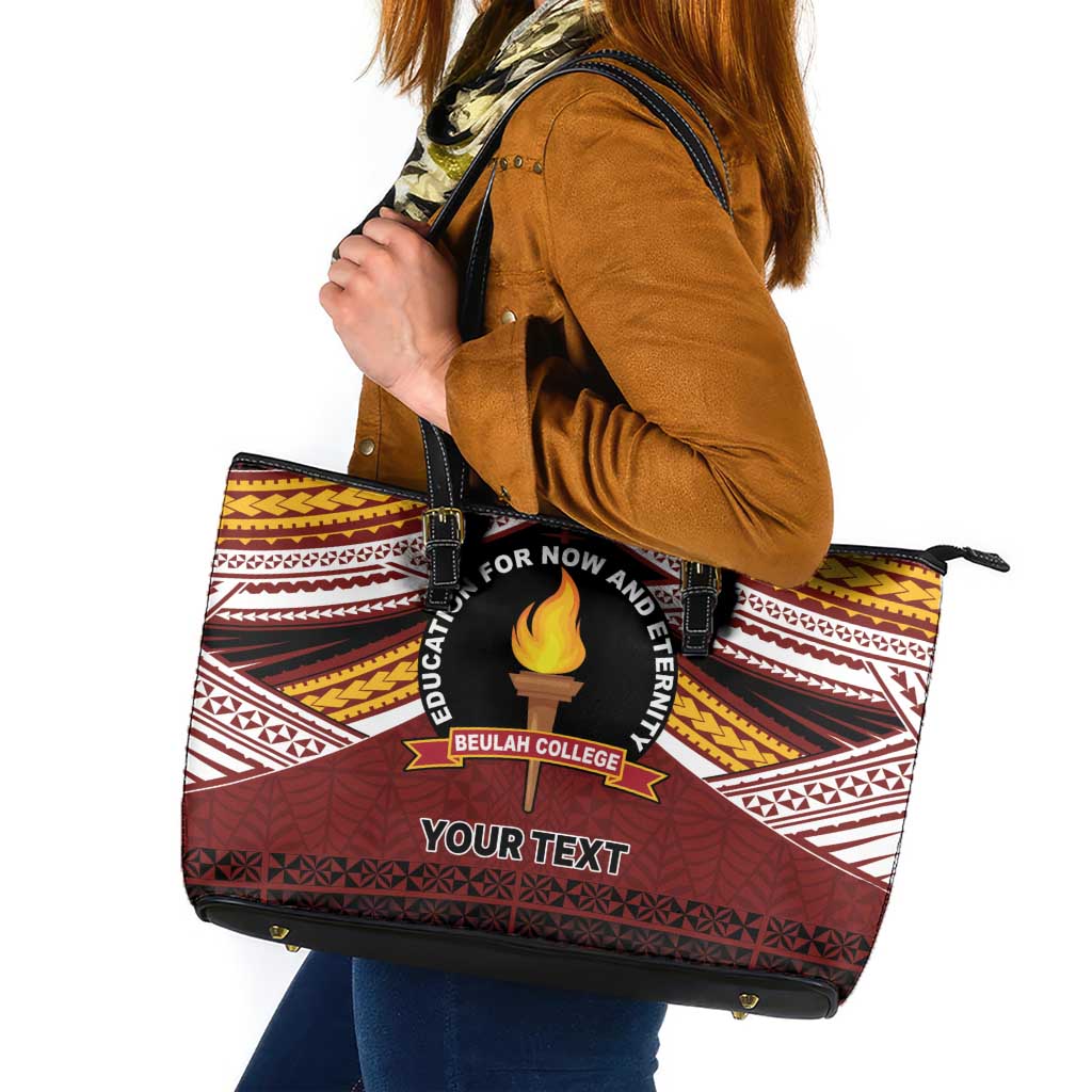 Personalised Tonga Beulah College Leather Tote Bag Polynesian Ngatu Tribal