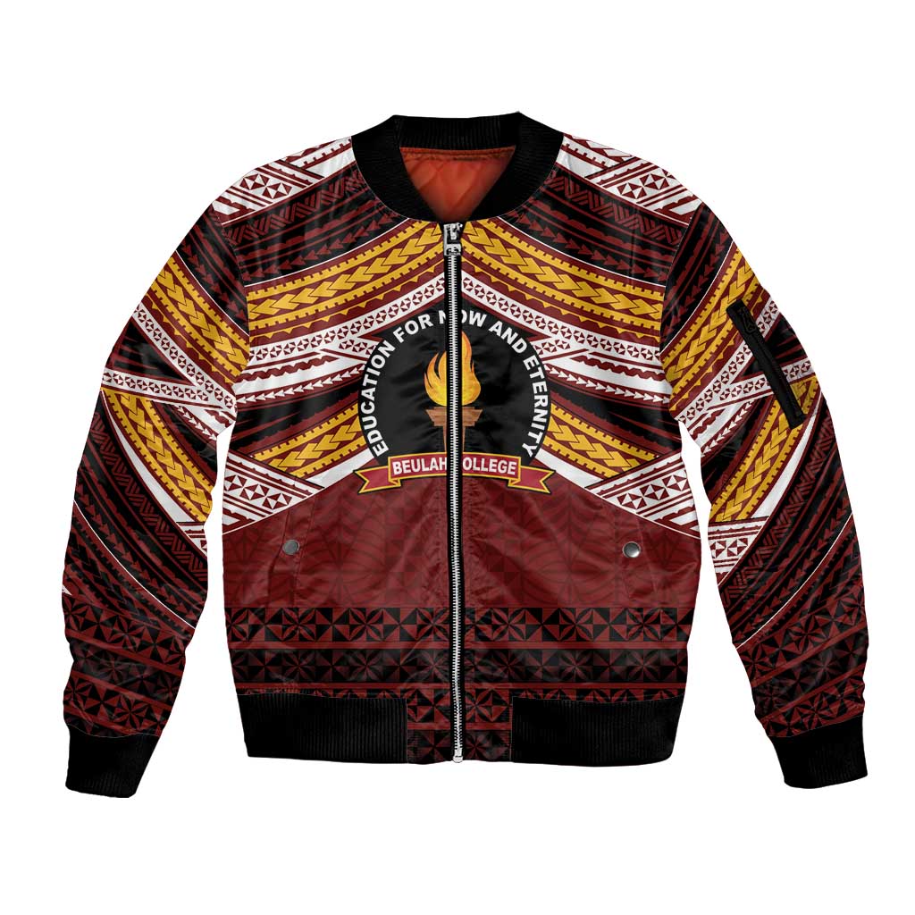 Personalised Tonga Beulah College Sleeve Zip Bomber Jacket Polynesian Ngatu Tribal