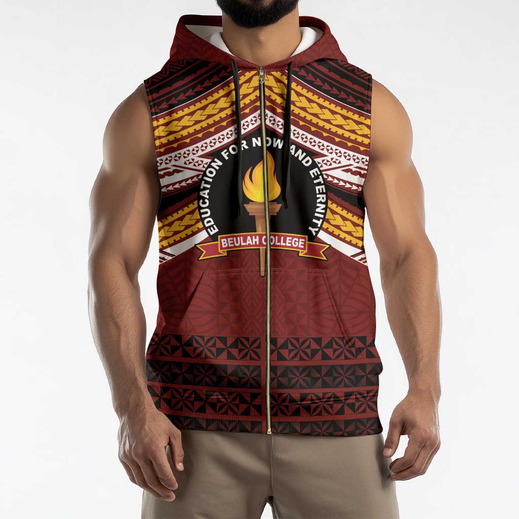 Personalised Tonga Beulah College Sleeveless Zip Hoodie Polynesian Ngatu Tribal - Polynesian Pride