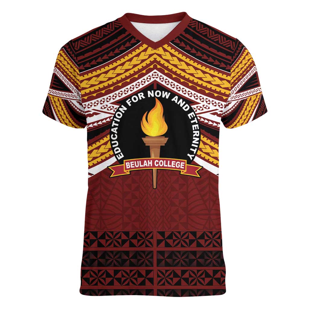 Personalised Tonga Beulah College Women V-Neck T-Shirt Polynesian Ngatu Tribal