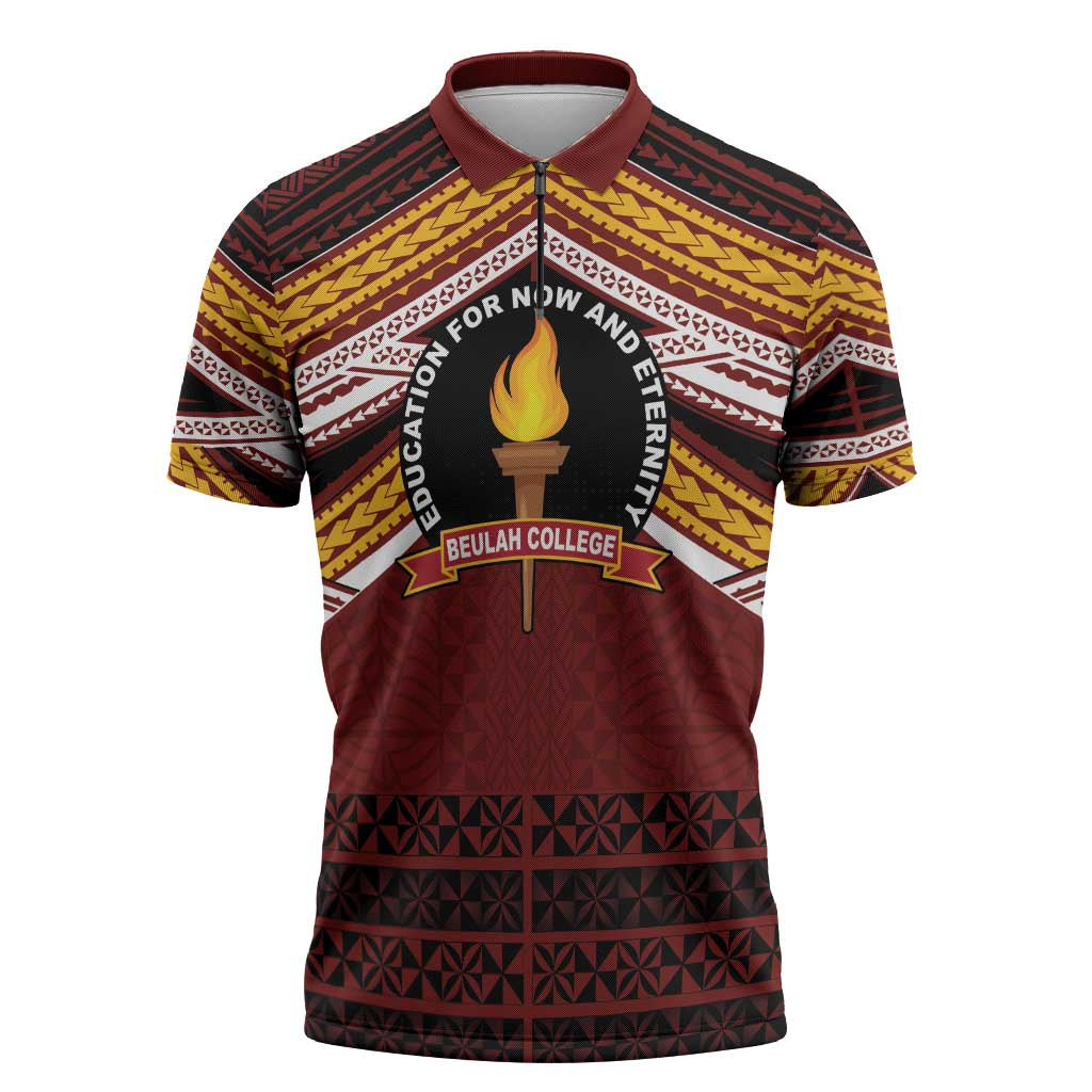 Personalised Tonga Beulah College Zipper Polo Shirt Polynesian Ngatu Tribal LT9 Red - Polynesian Pride