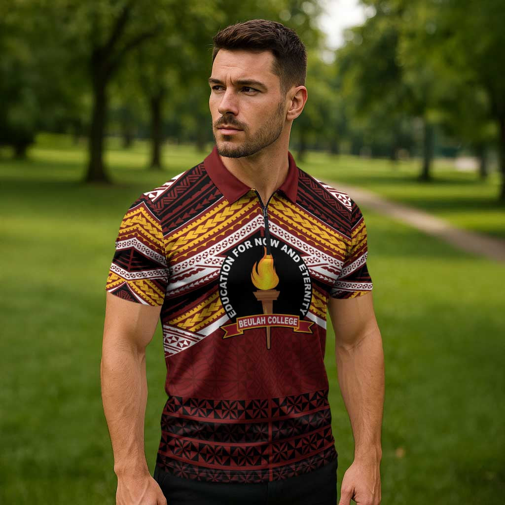Personalised Tonga Beulah College Zipper Polo Shirt Polynesian Ngatu Tribal LT9 - Polynesian Pride