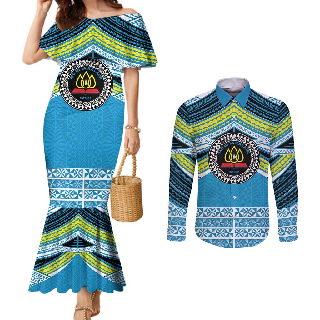 Personalised Tonga Lavengamalie College Couples Matching Mermaid Dress and Long Sleeve Button Shirt Polynesian Ngatu Tribal LT9 Blue - Polynesian Pride