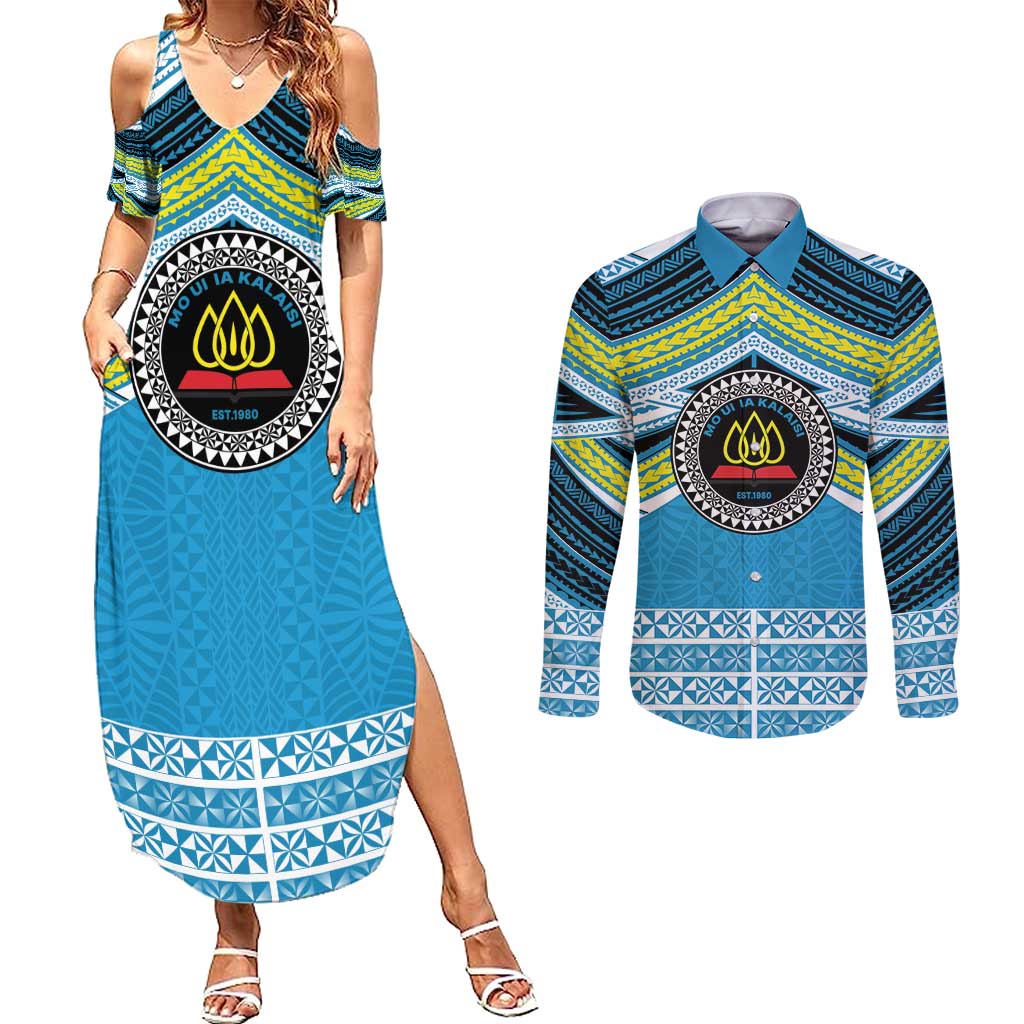Personalised Tonga Lavengamalie College Couples Matching Summer Maxi Dress and Long Sleeve Button Shirt Polynesian Ngatu Tribal LT9 Blue - Polynesian Pride