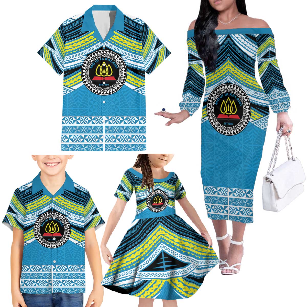 Personalised Tonga Lavengamalie College Family Matching Off The Shoulder Long Sleeve Dress and Hawaiian Shirt Polynesian Ngatu Tribal
