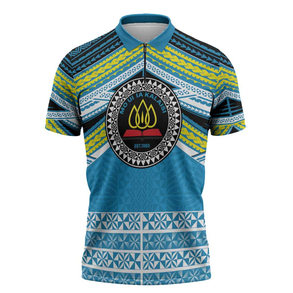 Personalised Tonga Lavengamalie College Zipper Polo Shirt Polynesian Ngatu Tribal LT9 Blue - Polynesian Pride
