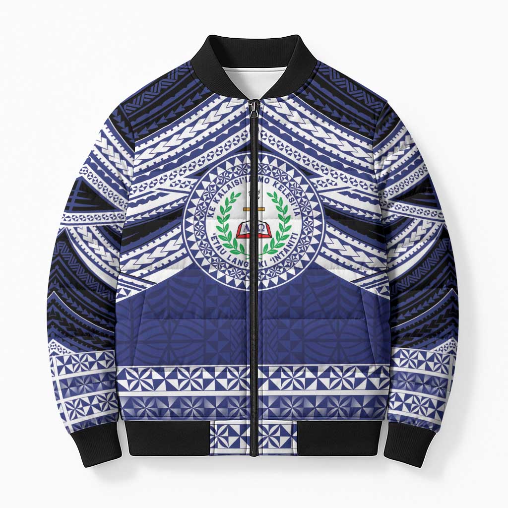 Personalised Tonga Sia'atoutai Theological College Bomber Puffer Jacket Polynesian Ngatu Tribal LT9 Unisex Blue - Polynesian Pride