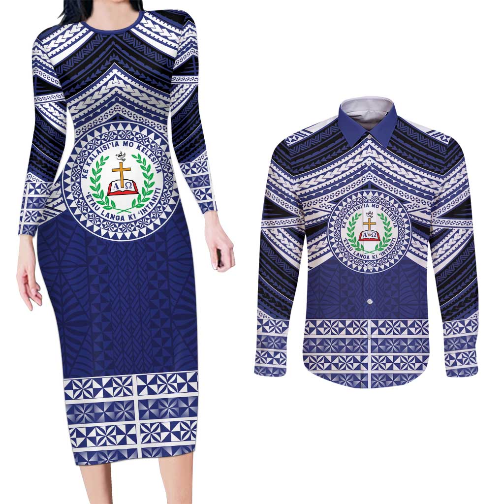 Personalised Tonga Sia'atoutai Theological College Couples Matching Long Sleeve Bodycon Dress and Long Sleeve Button Shirt Polynesian Ngatu Tribal LT9 Blue - Polynesian Pride