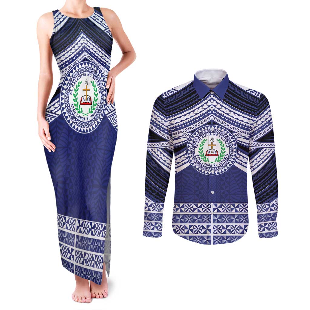 Personalised Tonga Sia'atoutai Theological College Couples Matching Tank Maxi Dress and Long Sleeve Button Shirt Polynesian Ngatu Tribal LT9 Blue - Polynesian Pride