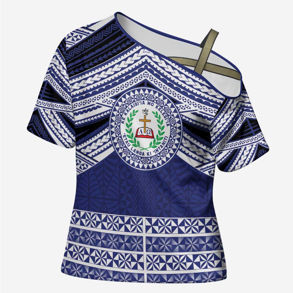 Personalised Tonga Sia'atoutai Theological College Cross Shoulder Shirt Polynesian Ngatu Tribal LT9 Female Blue - Polynesian Pride