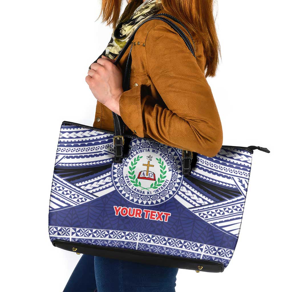 Personalised Tonga Sia'atoutai Theological College Leather Tote Bag Polynesian Ngatu Tribal