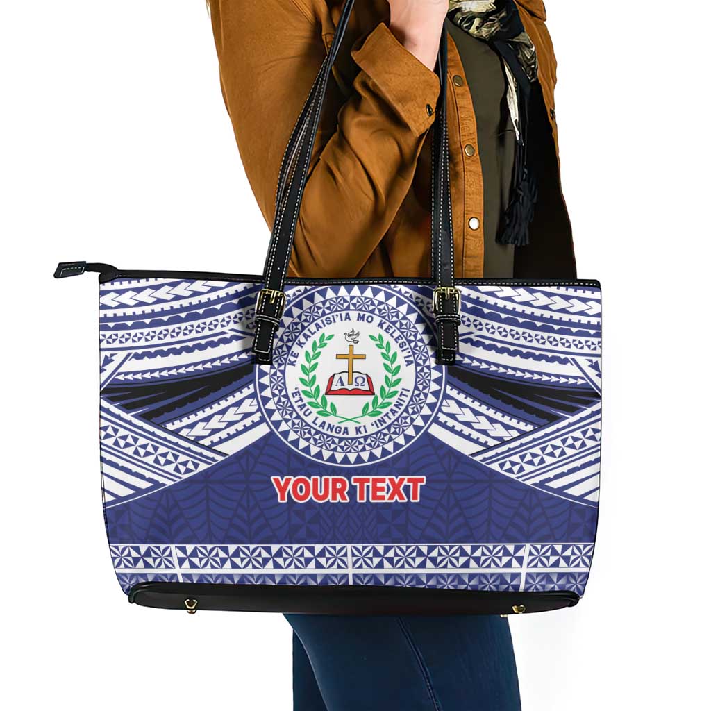 Personalised Tonga Sia'atoutai Theological College Leather Tote Bag Polynesian Ngatu Tribal