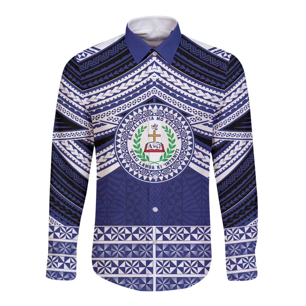 Personalised Tonga Sia'atoutai Theological College Long Sleeve Button Shirt Polynesian Ngatu Tribal LT9 Unisex Blue - Polynesian Pride