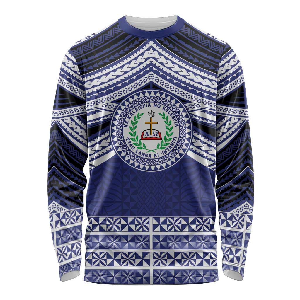 Personalised Tonga Sia'atoutai Theological College Long Sleeve Shirt Polynesian Ngatu Tribal LT9 Unisex Blue - Polynesian Pride
