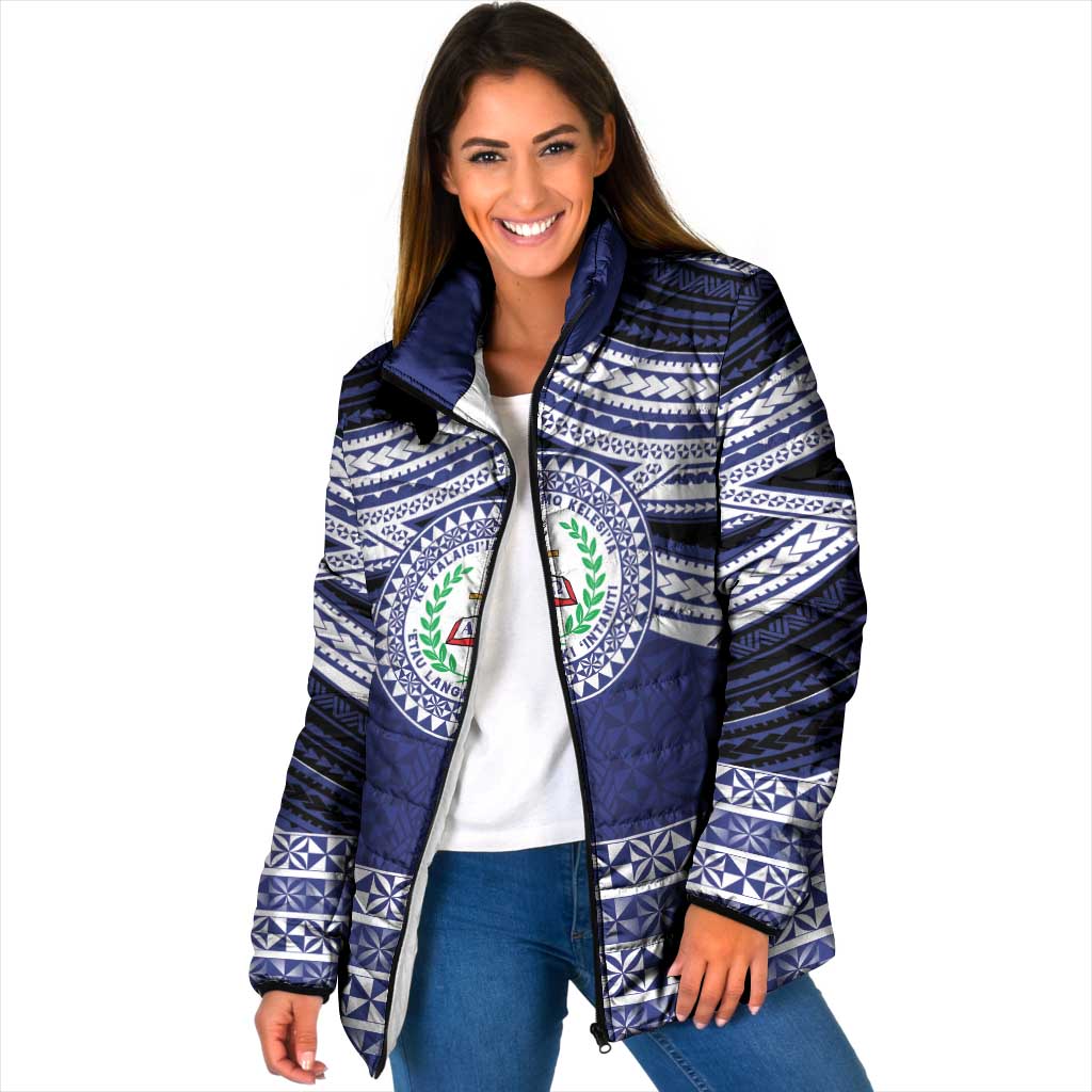 Personalised Tonga Sia'atoutai Theological College Padded Jacket Polynesian Ngatu Tribal LT9 Women Blue - Polynesian Pride