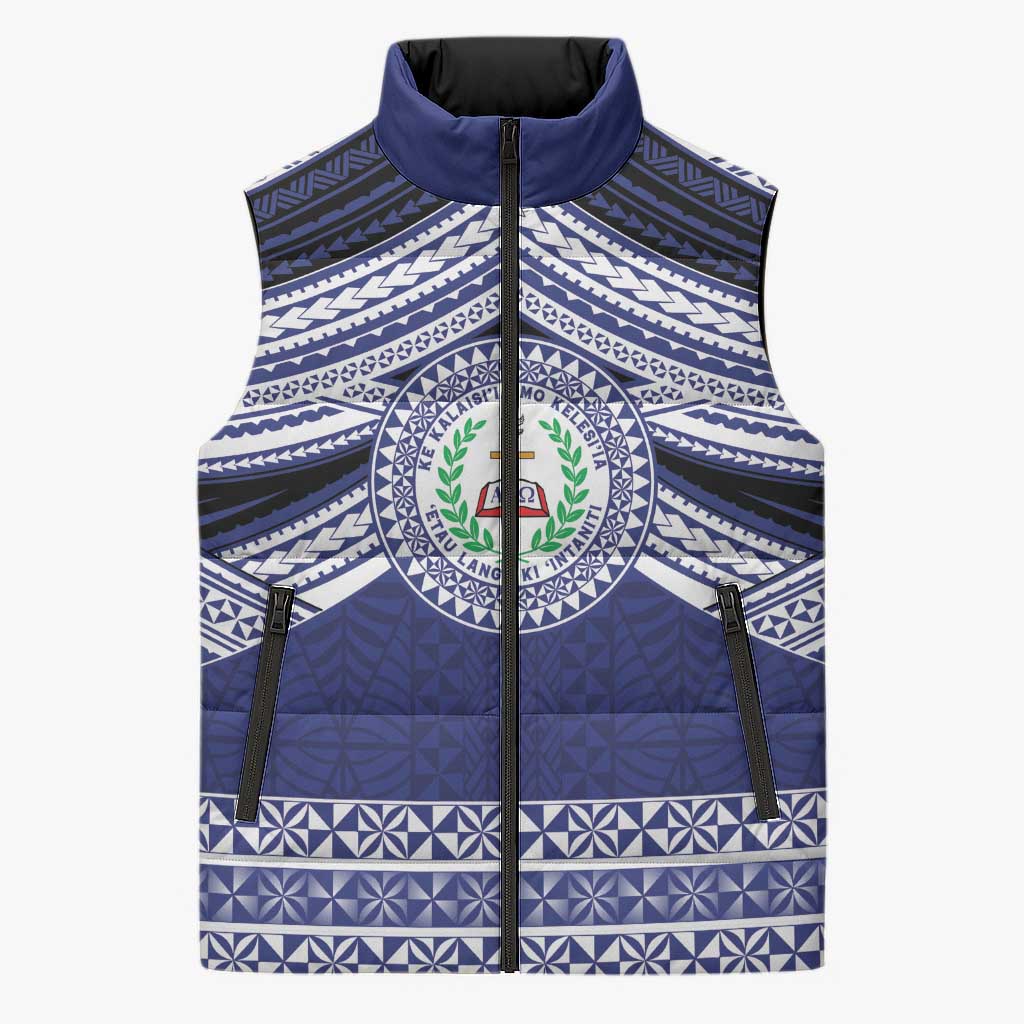 Personalised Tonga Sia'atoutai Theological College Sleeveless Puffer Jacket Polynesian Ngatu Tribal LT9 Unisex Blue - Polynesian Pride