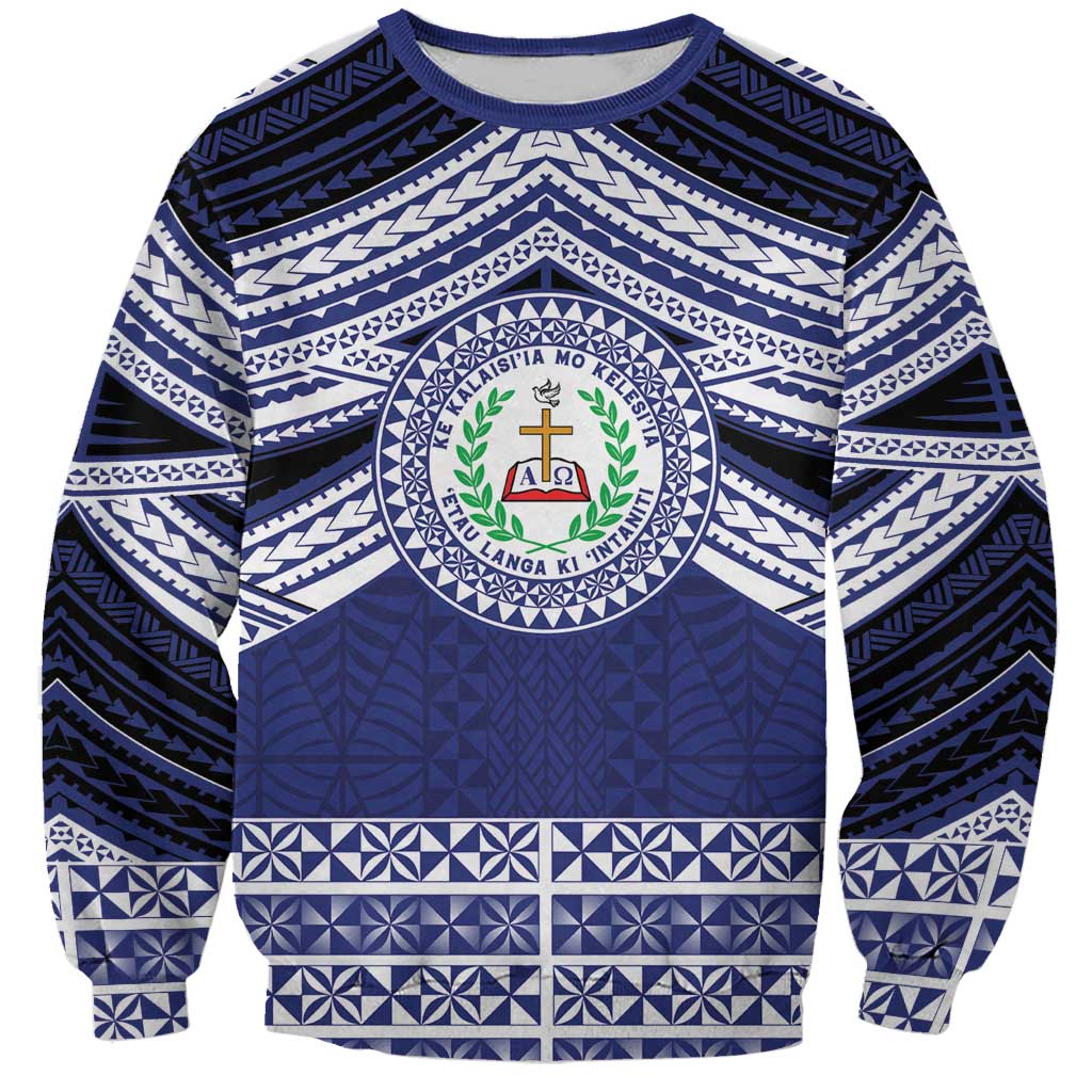Personalised Tonga Sia'atoutai Theological College Sweatshirt Polynesian Ngatu Tribal LT9 Unisex Blue - Polynesian Pride