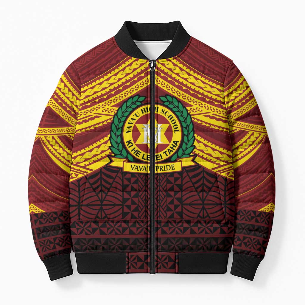 Personalised Tonga Vava'u High School Bomber Puffer Jacket Polynesian Ngatu Tribal LT9 Unisex Red - Polynesian Pride