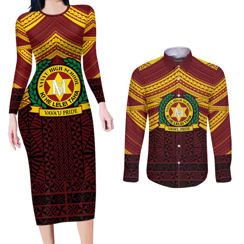 Personalised Tonga Vava'u High School Couples Matching Long Sleeve Bodycon Dress and Long Sleeve Button Shirt Polynesian Ngatu Tribal LT9 Red - Polynesian Pride