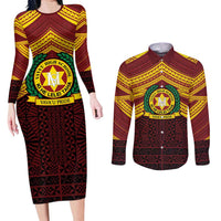 Personalised Tonga Vava'u High School Couples Matching Long Sleeve Bodycon Dress and Long Sleeve Button Shirt Polynesian Ngatu Tribal LT9 Red - Polynesian Pride