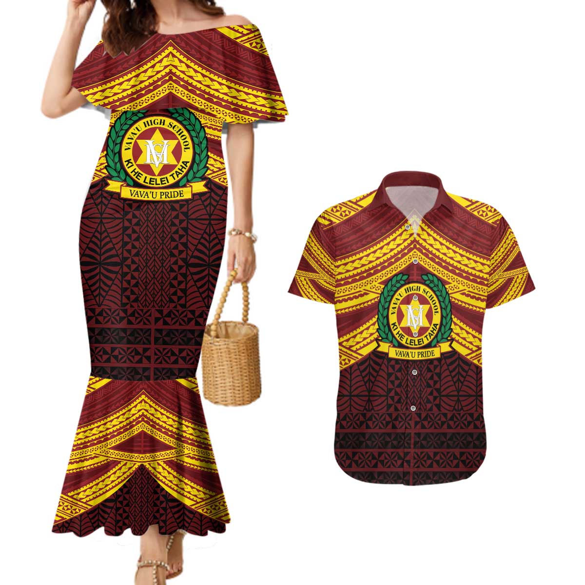 Personalised Tonga Vava'u High School Couples Matching Mermaid Dress and Hawaiian Shirt Polynesian Ngatu Tribal LT9 Red - Polynesian Pride