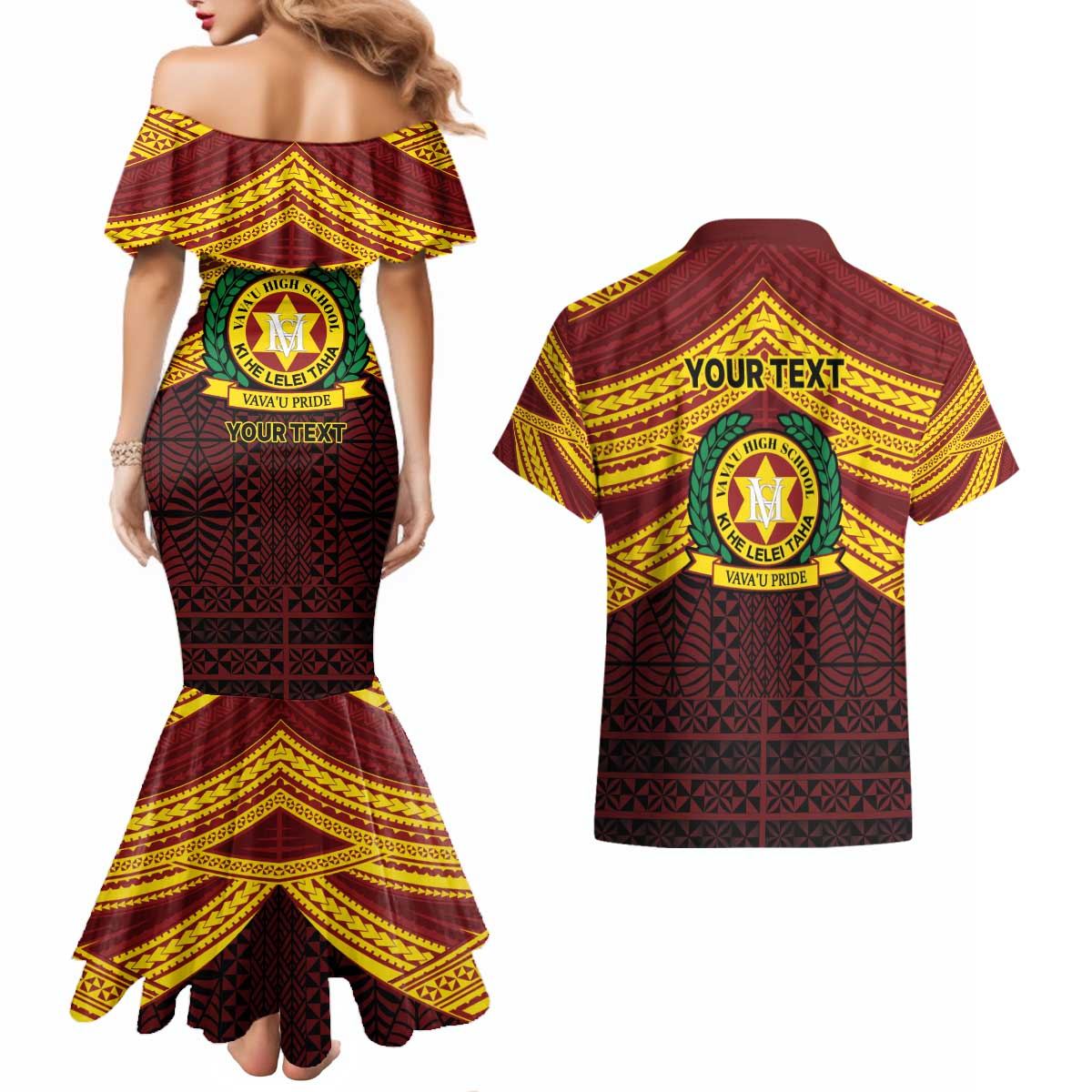 Personalised Tonga Vava'u High School Couples Matching Mermaid Dress and Hawaiian Shirt Polynesian Ngatu Tribal LT9 - Polynesian Pride