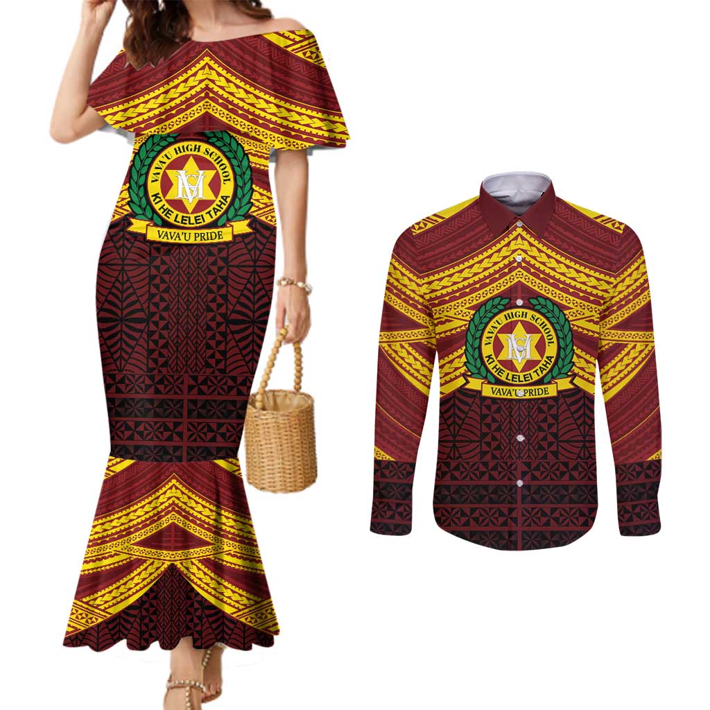 Personalised Tonga Vava'u High School Couples Matching Mermaid Dress and Long Sleeve Button Shirt Polynesian Ngatu Tribal LT9 Red - Polynesian Pride
