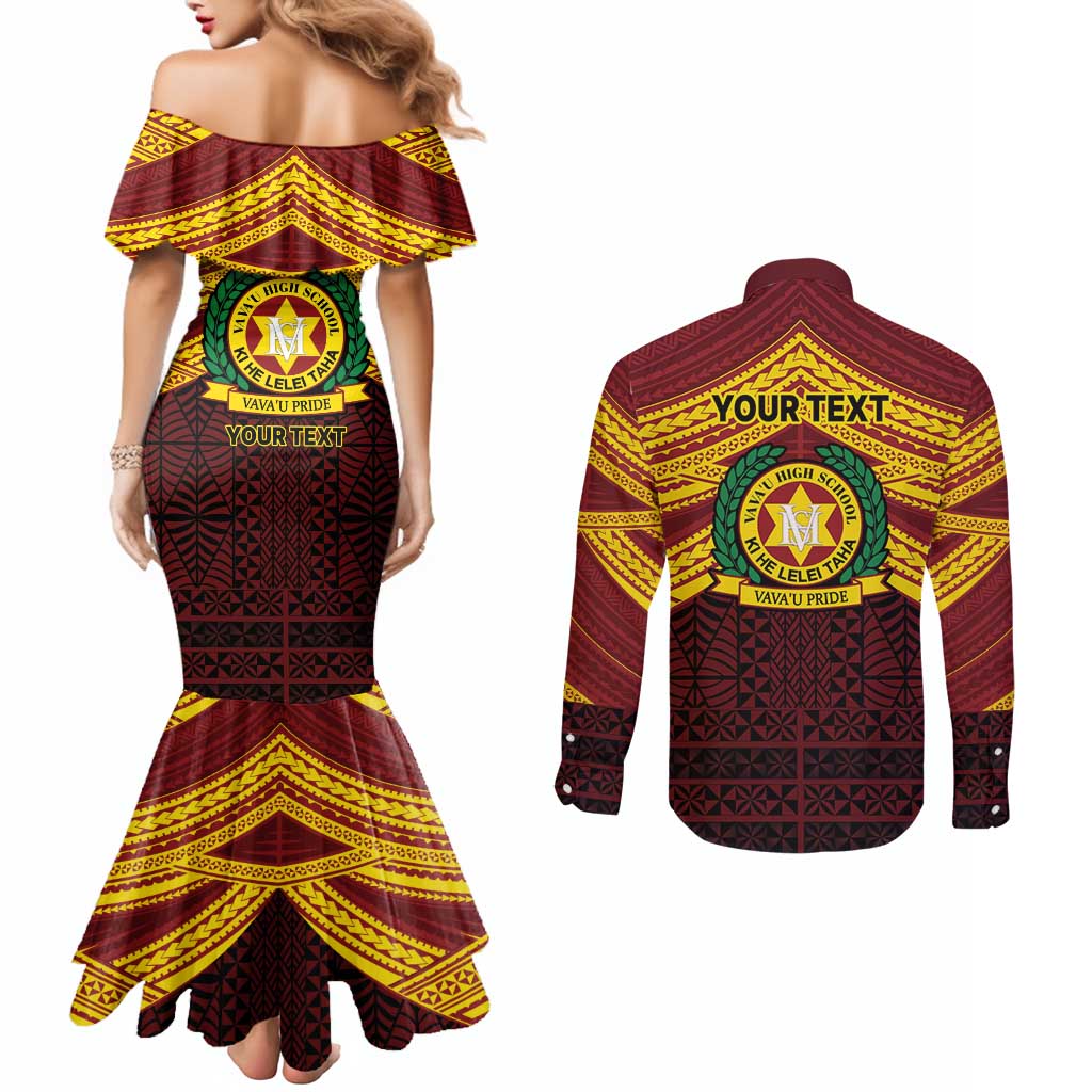Personalised Tonga Vava'u High School Couples Matching Mermaid Dress and Long Sleeve Button Shirt Polynesian Ngatu Tribal LT9 - Polynesian Pride