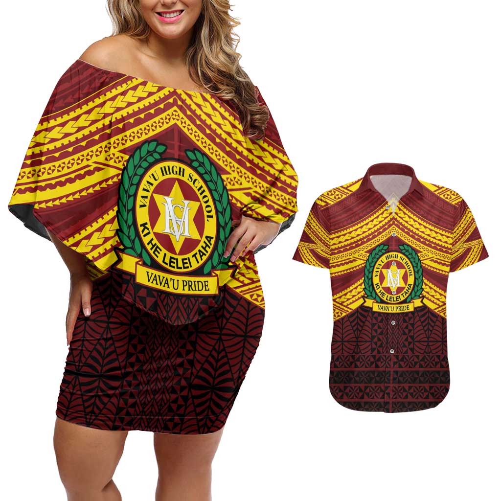 Personalised Tonga Vava'u High School Couples Matching Off Shoulder Short Dress and Hawaiian Shirt Polynesian Ngatu Tribal