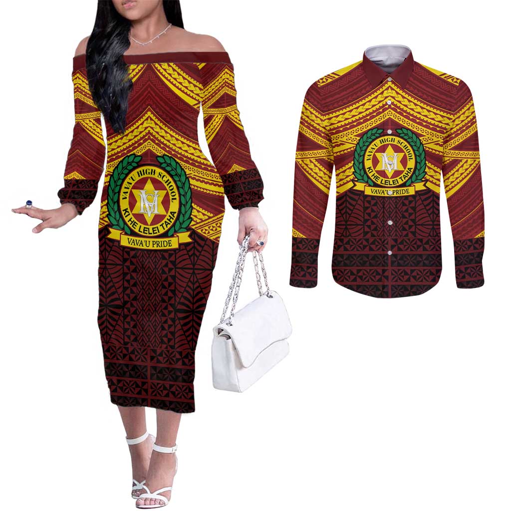 Personalised Tonga Vava'u High School Couples Matching Off The Shoulder Long Sleeve Dress and Long Sleeve Button Shirt Polynesian Ngatu Tribal LT9 Red - Polynesian Pride