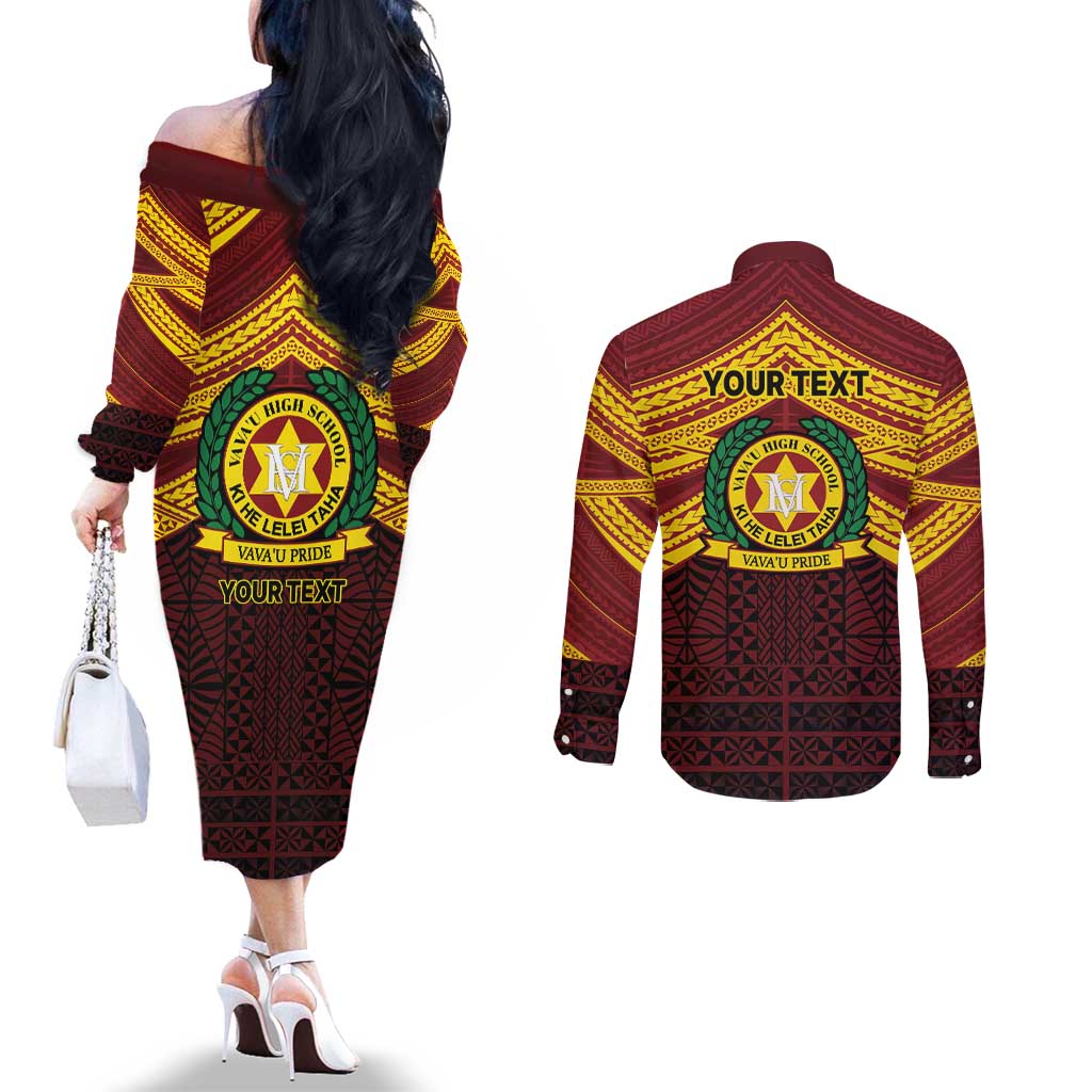 Personalised Tonga Vava'u High School Couples Matching Off The Shoulder Long Sleeve Dress and Long Sleeve Button Shirt Polynesian Ngatu Tribal LT9 - Polynesian Pride