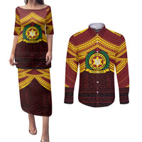 Personalised Tonga Vava'u High School Couples Matching Puletasi and Long Sleeve Button Shirt Polynesian Ngatu Tribal LT9 Red - Polynesian Pride