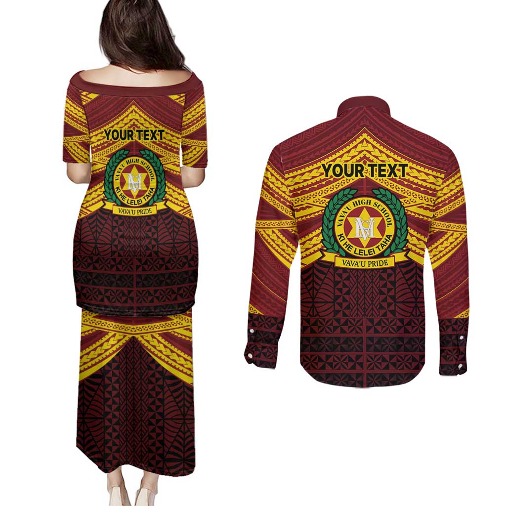 Personalised Tonga Vava'u High School Couples Matching Puletasi and Long Sleeve Button Shirt Polynesian Ngatu Tribal LT9 - Polynesian Pride