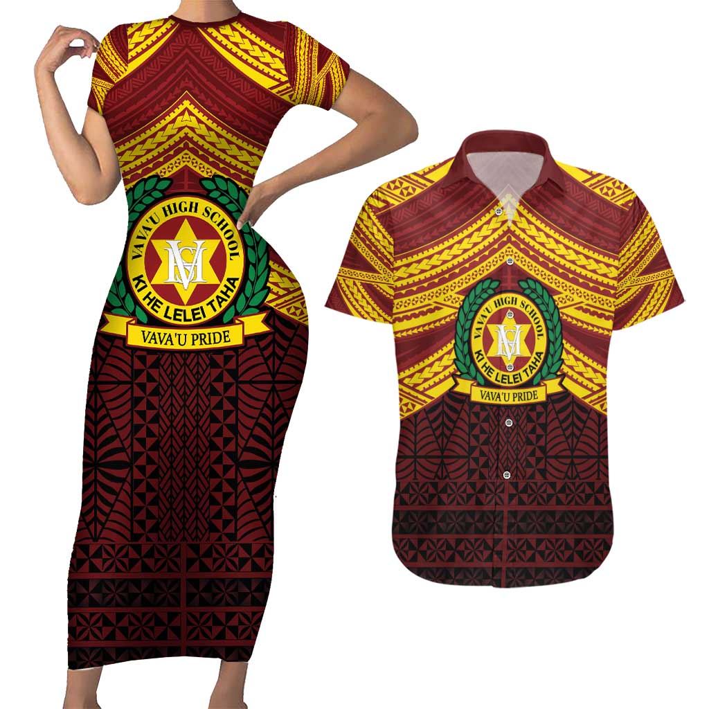 Personalised Tonga Vava'u High School Couples Matching Short Sleeve Bodycon Dress and Hawaiian Shirt Polynesian Ngatu Tribal LT9 Red - Polynesian Pride