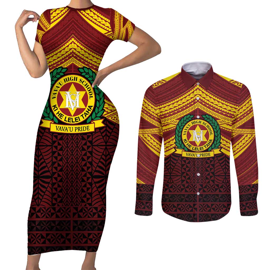 Personalised Tonga Vava'u High School Couples Matching Short Sleeve Bodycon Dress and Long Sleeve Button Shirt Polynesian Ngatu Tribal LT9 Red - Polynesian Pride