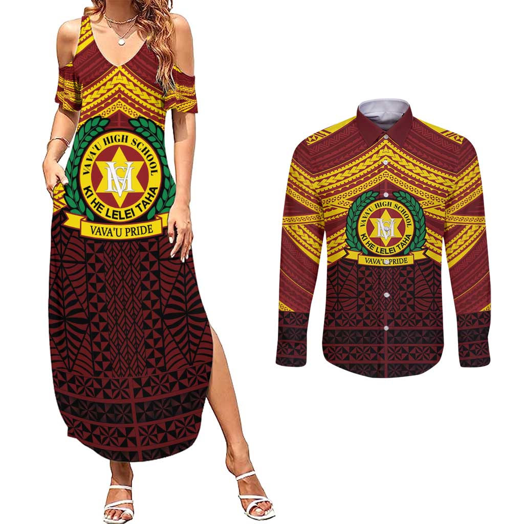 Personalised Tonga Vava'u High School Couples Matching Summer Maxi Dress and Long Sleeve Button Shirt Polynesian Ngatu Tribal LT9 Red - Polynesian Pride