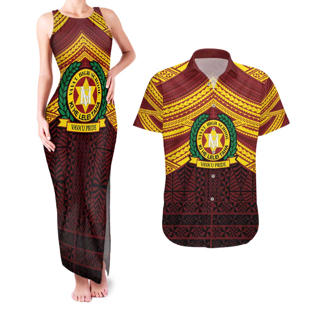 Personalised Tonga Vava'u High School Couples Matching Tank Maxi Dress and Hawaiian Shirt Polynesian Ngatu Tribal LT9 Red - Polynesian Pride