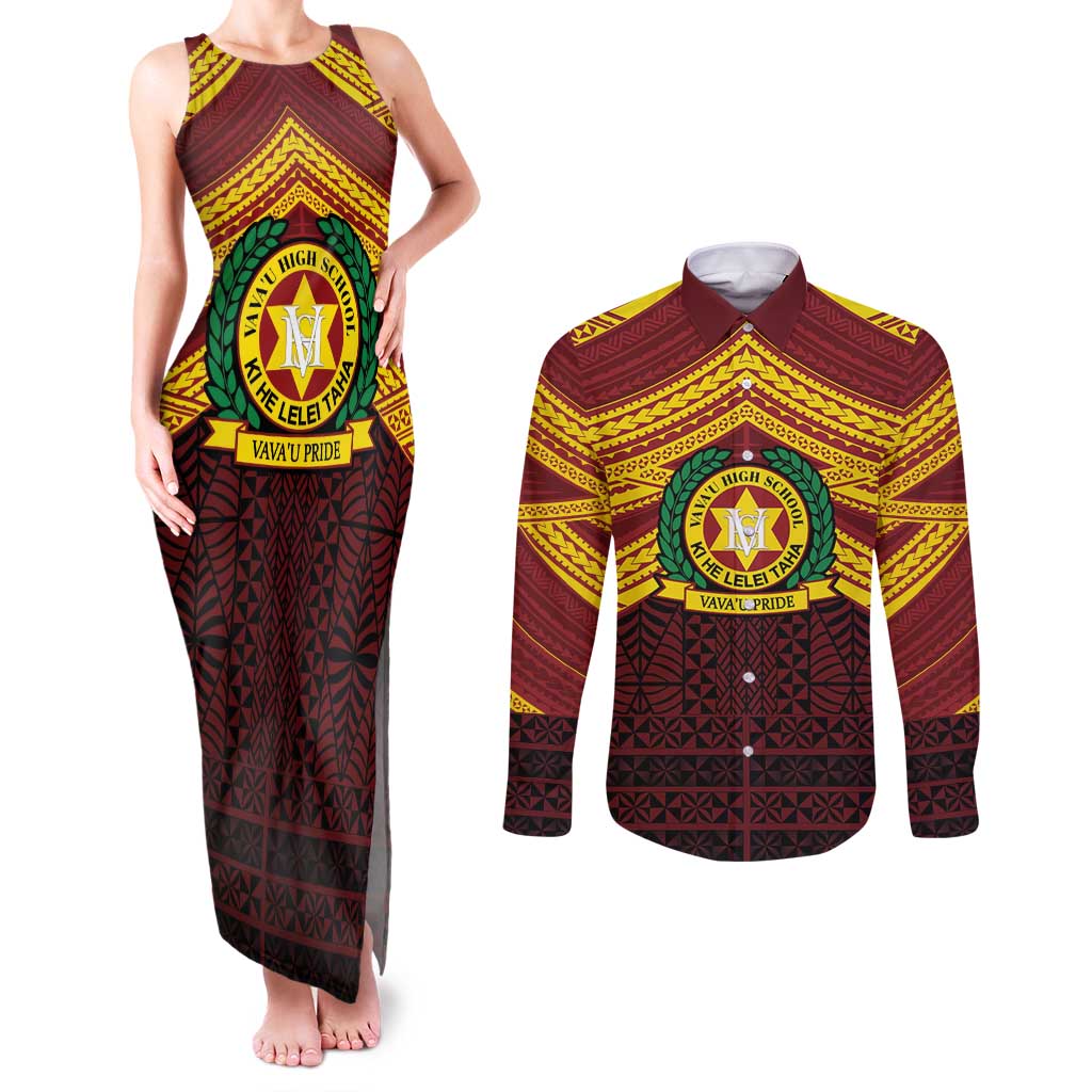 Personalised Tonga Vava'u High School Couples Matching Tank Maxi Dress and Long Sleeve Button Shirt Polynesian Ngatu Tribal LT9 Red - Polynesian Pride