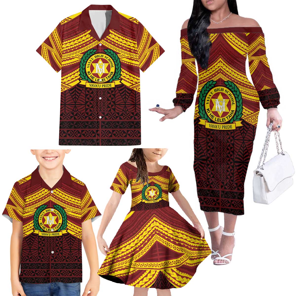 Personalised Tonga Vava'u High School Family Matching Off The Shoulder Long Sleeve Dress and Hawaiian Shirt Polynesian Ngatu Tribal