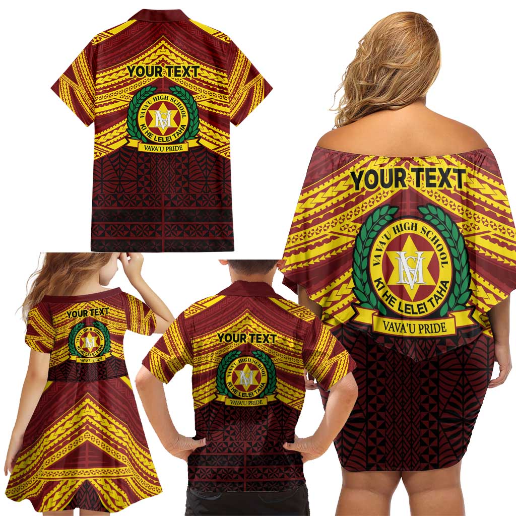 Personalised Tonga Vava'u High School Family Matching Off Shoulder Short Dress and Hawaiian Shirt Polynesian Ngatu Tribal