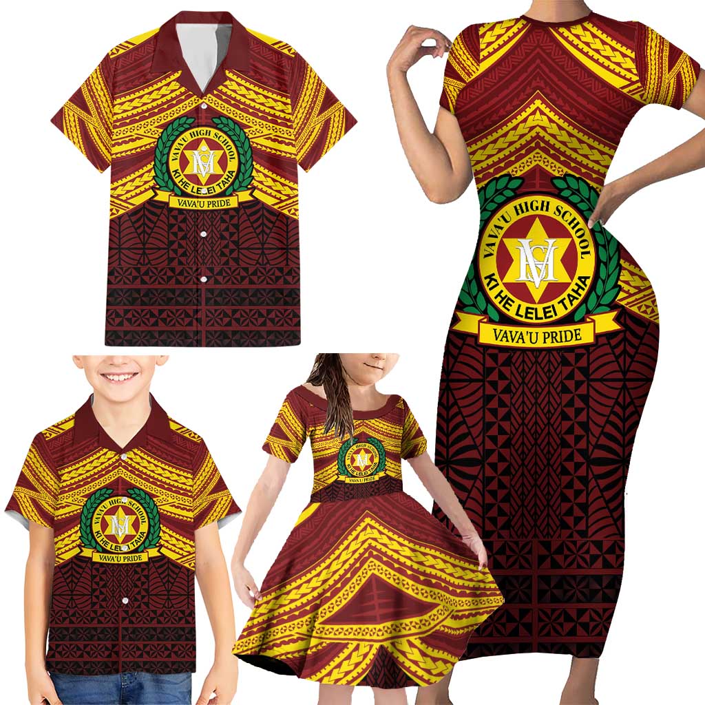 Personalised Tonga Vava'u High School Family Matching Short Sleeve Bodycon Dress and Hawaiian Shirt Polynesian Ngatu Tribal