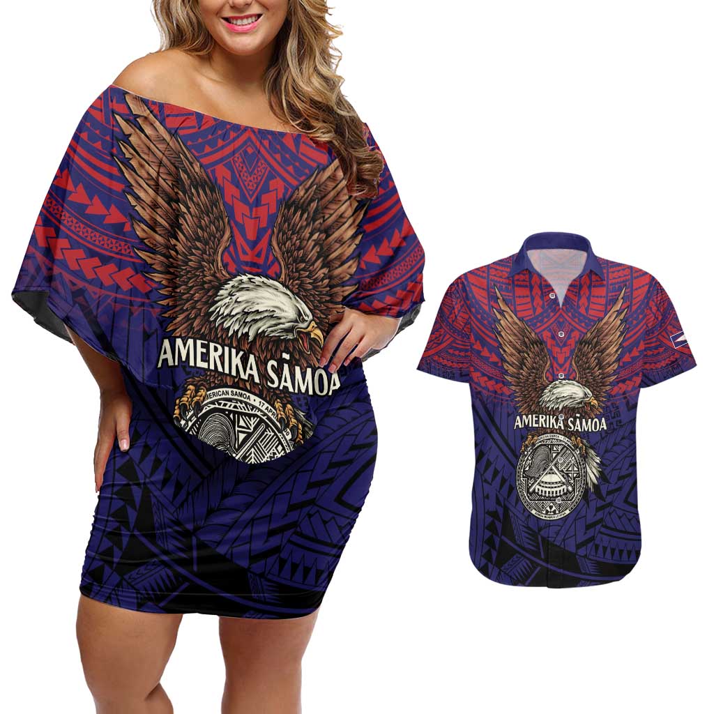 American Samoa Brave Eagle Personalized Couples Matching Off Shoulder Short Dress and Hawaiian Shirt National Flag Color