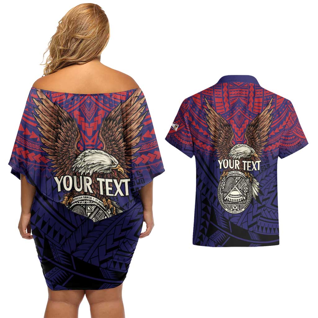 American Samoa Brave Eagle Personalized Couples Matching Off Shoulder Short Dress and Hawaiian Shirt National Flag Color