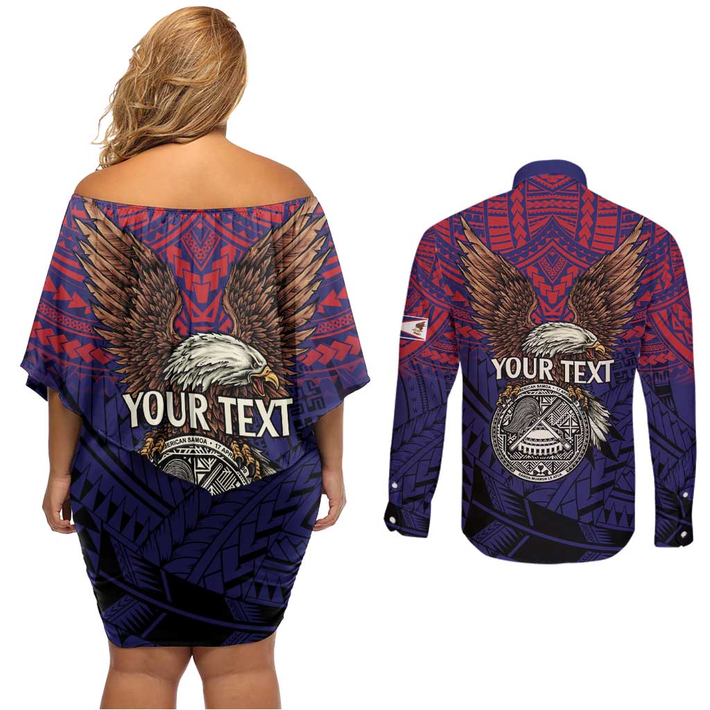American Samoa Brave Eagle Personalized Couples Matching Off Shoulder Short Dress and Long Sleeve Button Shirt National Flag Color