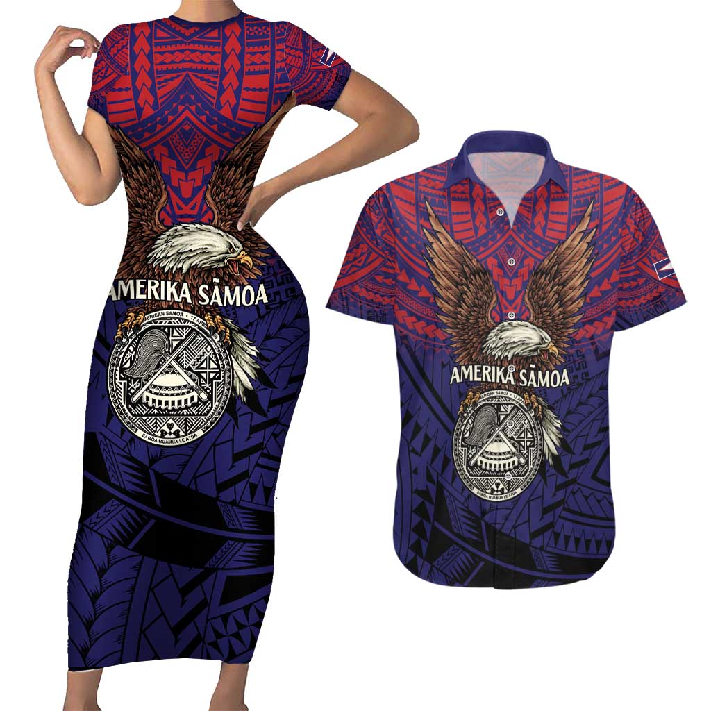 American Samoa Brave Eagle Personalized Couples Matching Short Sleeve Bodycon Dress and Hawaiian Shirt National Flag Color