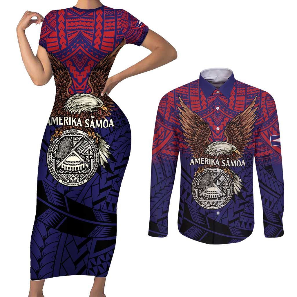 American Samoa Brave Eagle Personalized Couples Matching Short Sleeve Bodycon Dress and Long Sleeve Button Shirt National Flag Color
