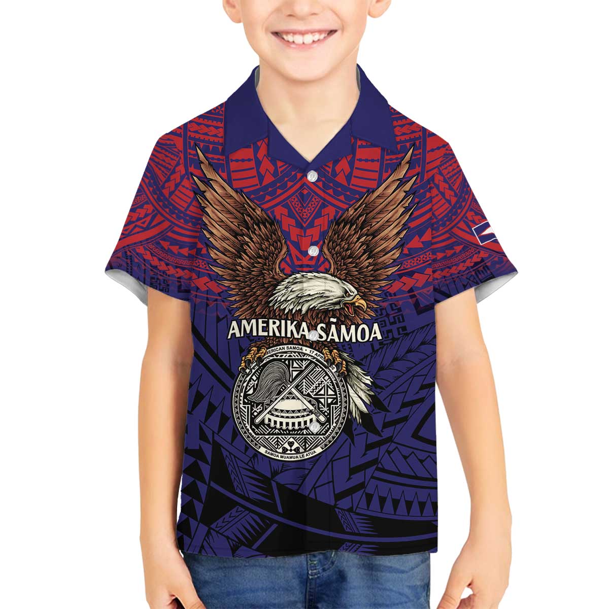 American Samoa Brave Eagle Personalized Family Matching Off The Shoulder Long Sleeve Dress and Hawaiian Shirt National Flag Color