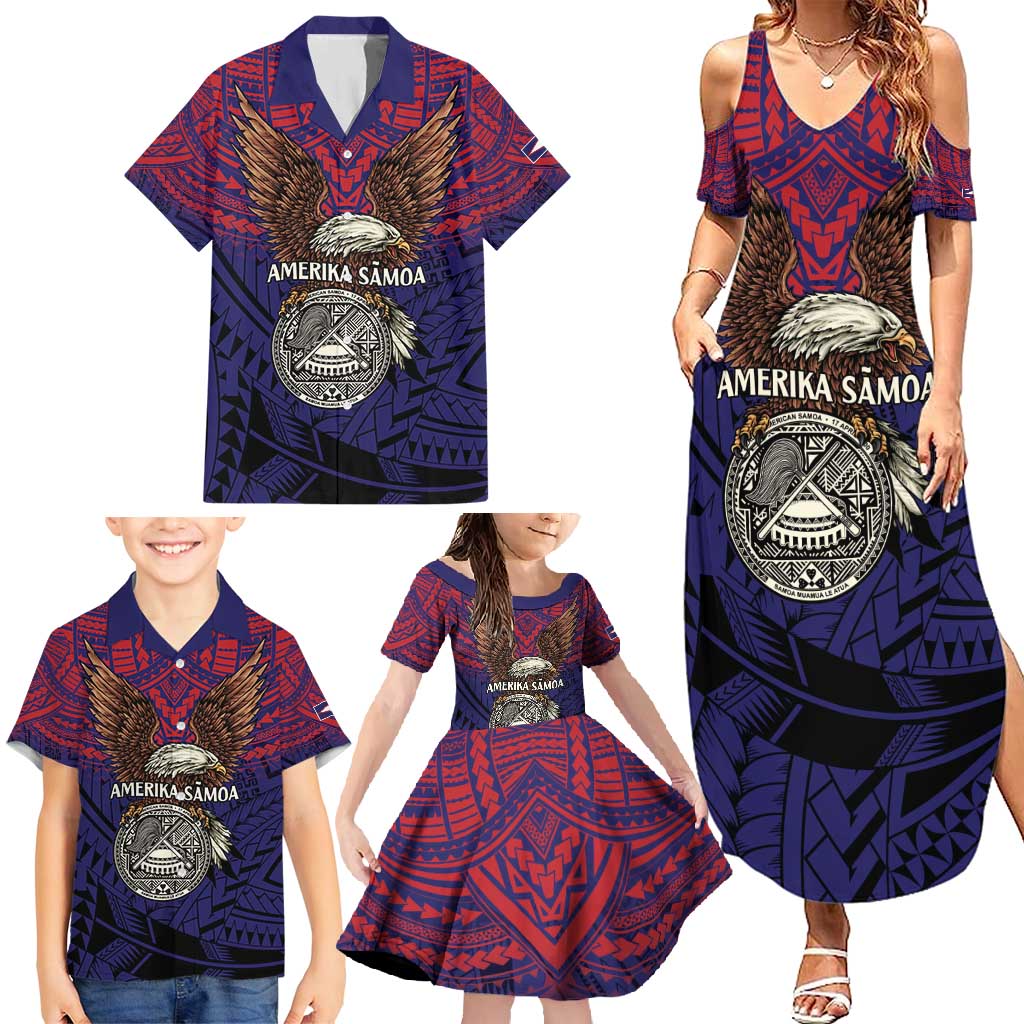 American Samoa Brave Eagle Personalized Family Matching Summer Maxi Dress and Hawaiian Shirt National Flag Color
