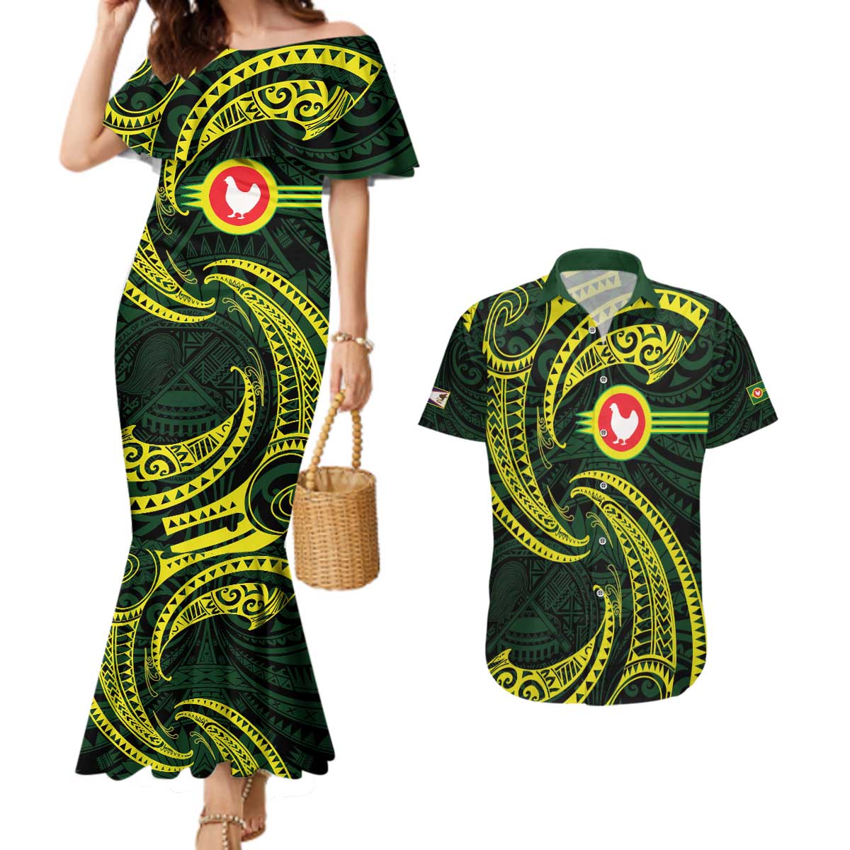 American Samoa Manua Cession Day Personalized Couples Matching Mermaid Dress and Hawaiian Shirt Polynesian Wave Style